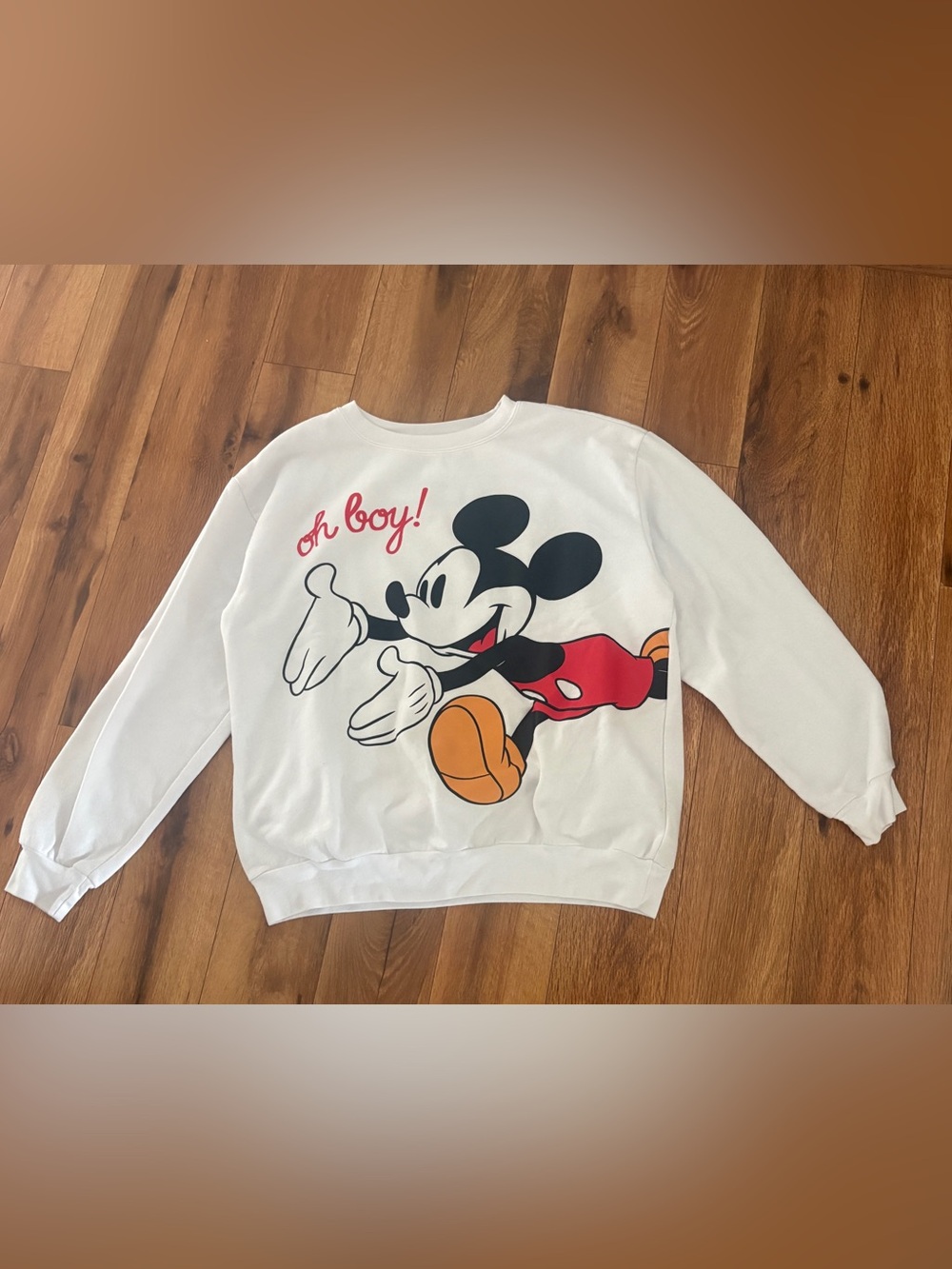 Disney White Mickey Mouse Pullover Sweatshirt with Red and Orange Accents